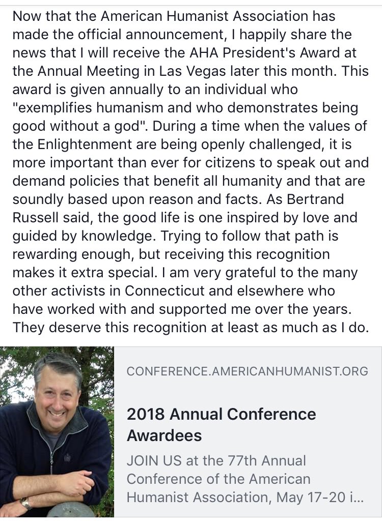HAHumanists's tweet image. Congratulations to our own @danblinn for being the recipient of the 2018 @americnhumanist President’s Award!

conference.americanhumanist.org/awardees2018/