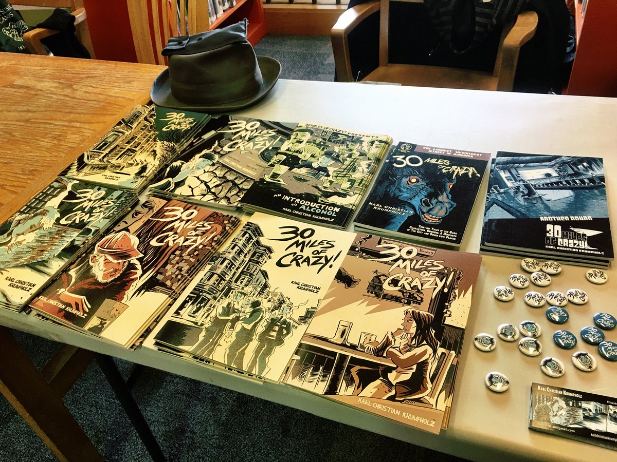 KarlCKrumpholz's tweet photo. All set up and exhibiting this afternoon at Somerville Comix Con for Free Comic Book Day with a gaggle of local New England cartoonists. Yep, a gaggle. Table 16. #comics #somerville #30milesofcrazy #splcomixcon #gaggle https://t.co/olxNV2QoPv