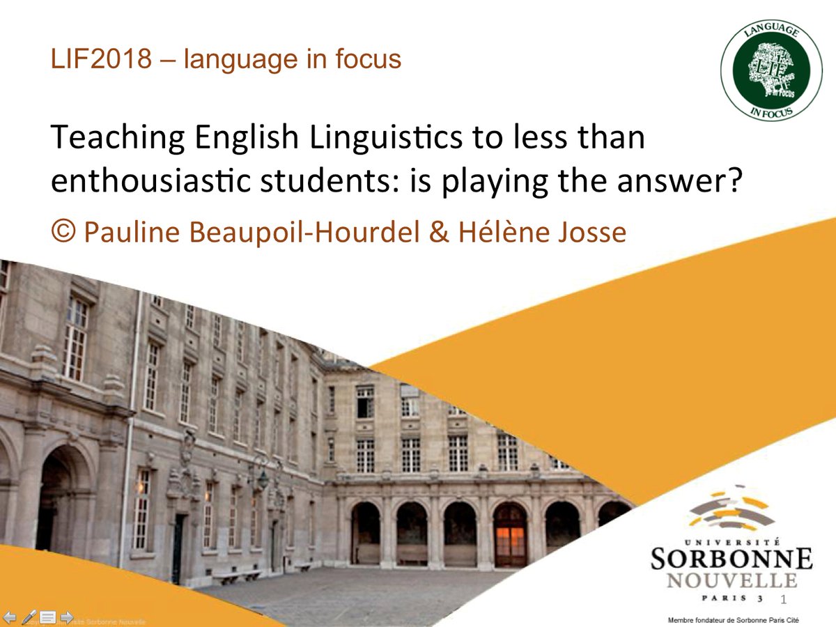 BeaupoilP's tweet photo. Presentation on Teaching English Linguistics using game-based learning.
Thank you @helenejosse1 for presenting our paper. #LIF2018 #languageinfocus #conferences https://t.co/IdSoAcpdLB