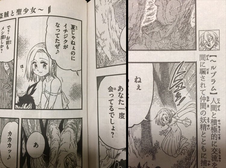 『セブンデイズ～盗賊と聖少女』の柱の話。柱とは漫画の雑誌の余白ページ。人物紹介やあらすじ等が描かれている部分です。第4話で、バンが「夏なのにイチジクが～」というセリフがあるページに偶然(?)ヘルブラムの人物紹介が入っていて、刷り上がりを見た時ちょっと「おぉっ!」となった想い出。 