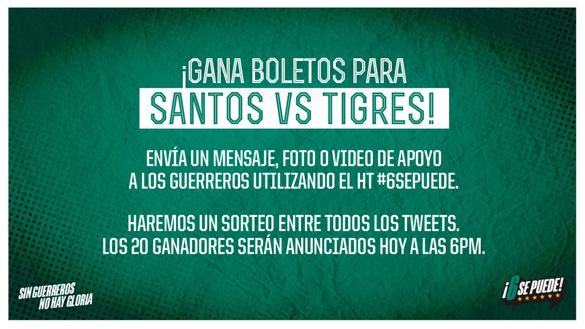 ¡Tenemos 20 pases sencillos para el partido de mañana en <a href="/TSMoficial/">TSM Oficial</a>! 🎟🙌

¿Cómo participar? ¡Muy fácil!

Deja tu mensaje, foto o video de apoyo a los #Guerreros usando el HT #6SePuede. Haremos sorteo entre todos los tweets.

⏰ Los ganadores serán anunciados hoy a las 6pm.