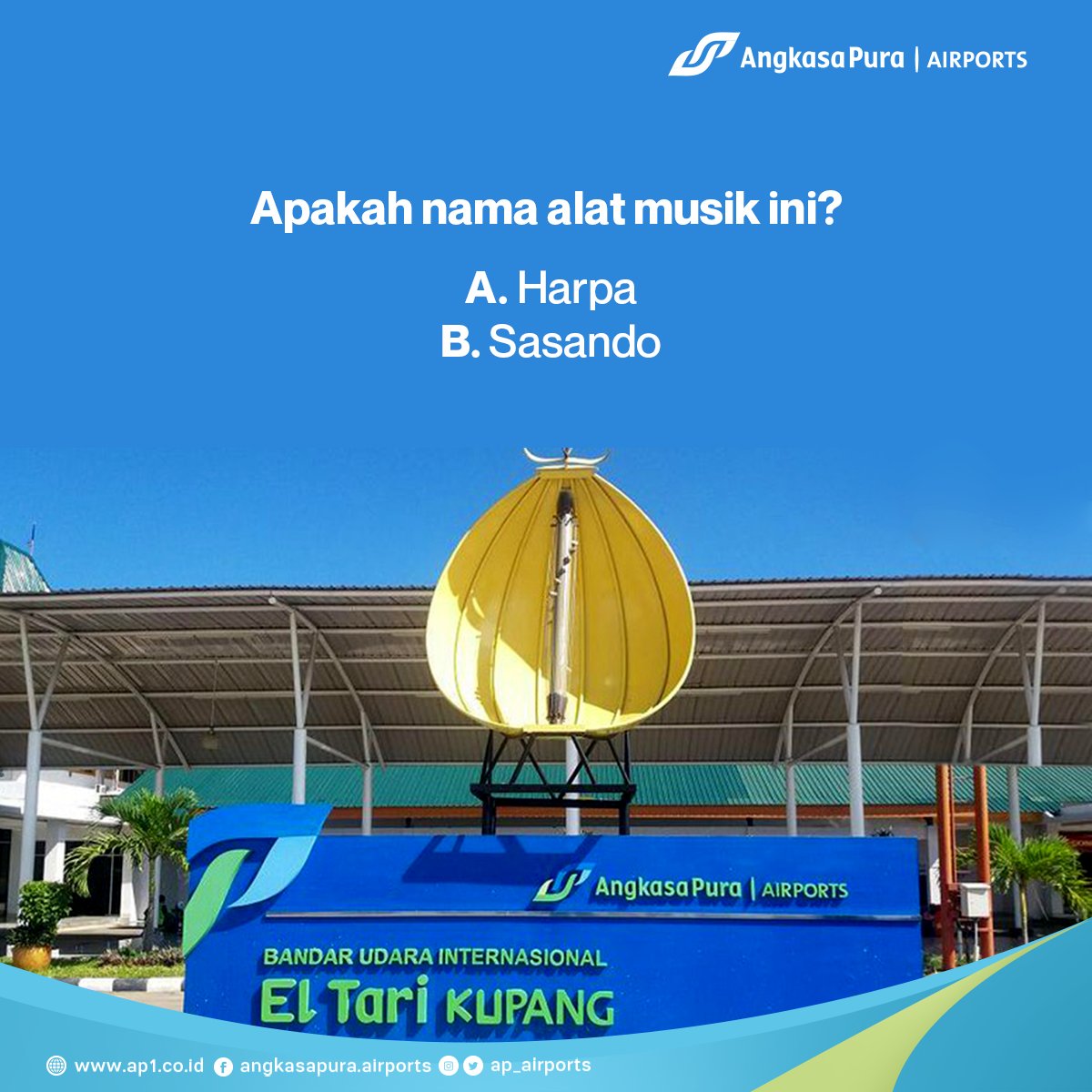 Tahukah kamu?

Alat musik khas Nusa Tenggara Timur ini dijadikan ikon kebanggan di Bandara El Tari Kupang. Yuk, tebak nama alat musik ini dan tulis jawabannya di kolom komentar!

#AngkasaPura1 #AirportInsights #BanggaMelayaniBangsa