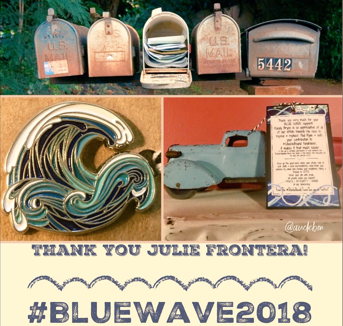 AUdebm's tweet photo. 🎶 I’m so excited & I just can’t hide it!
�� what was in my mailbox this #SaturdayMorning. #HappyMail from the oh so fabulous @frontera_julie I ❤️ it! Thank you so much for the beautiful 🌊 #BlueWave2018 pin. Your art is beautiful! You are a rockstar! ⭐️
#StacheBound https://t.co/McmbF7lUEq