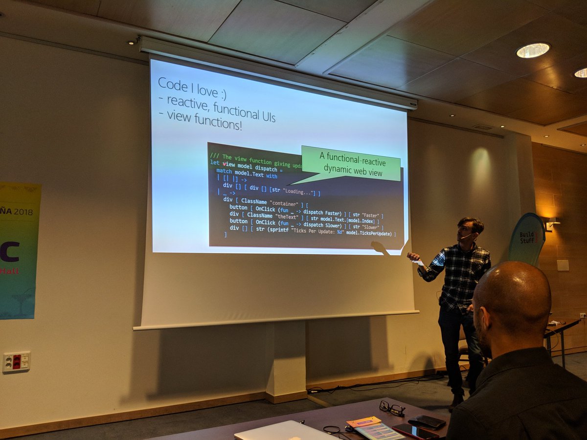 mortenremboel's tweet photo. Loving the #elm style of writing #fable views in #fsharp as presented by @dsyme at #Buildstuffes https://t.co/lXSuwe0fMU