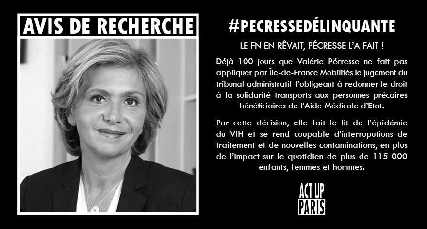 Déjà 100 jours que <a href="/vpecresse/">Valérie Pécresse</a> ne fait pas appliquer par <a href="/IDFmobilites/">IDF Mobilités</a>
le jugement du tribunal administratif l'obligeant a redonner le droit a la solidarité transports aux personnes précaires bénéficiaires  de l'Aide Médicale d’État
bit.ly/2rm9WZ4
#PecresseDelinquante