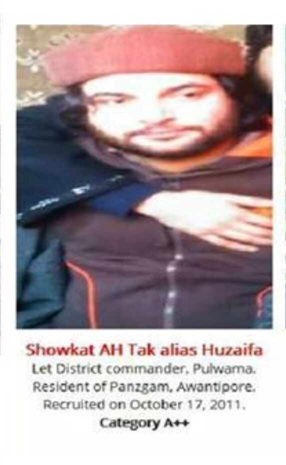 KP_Aashish's tweet photo. Sources in #CRPF says Showkat AH Tak aka Huzaifa, the dreaded district commander of #LeT Pulwama was gunned down today in #Chatabal encounter. He was elevated after dreaded Abu Dujana was eliminated by forces in August last year. #Kashmir #J&amp;K https://t.co/DFfnx1zGiv