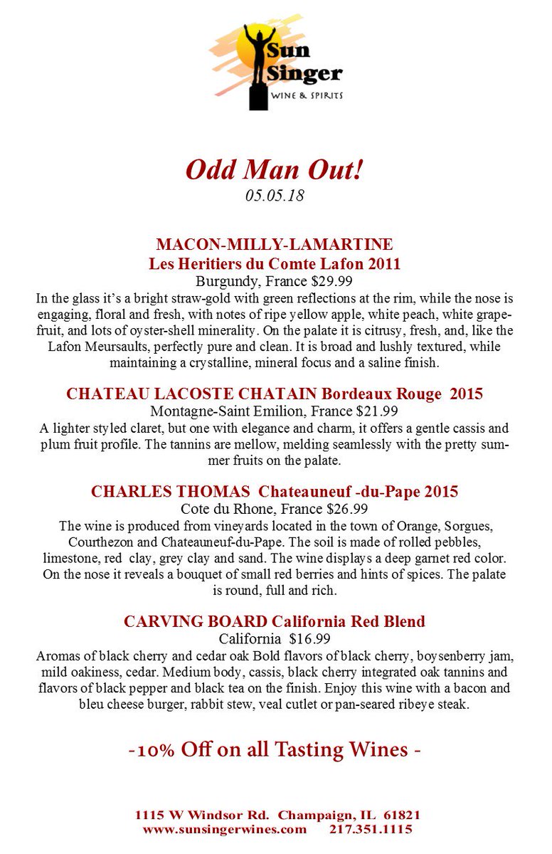 Sun_Singer's tweet photo. Who said Wine? Don't be the Odd Man Out! Saturday Tasting 12noon - 4pm.
#cu4lunch #cu4brunch #cu4dinner #chambana #eatdrinksunsinger #eatsunsinger #drinksunsinger #eatcu #drinkcu #eatlocal #chambanaeats https://t.co/twbPPgYCTt