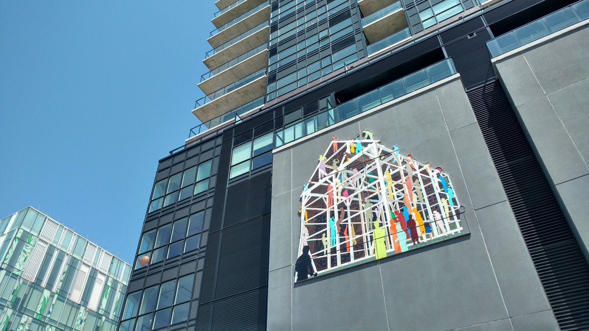 kriskdub's tweet photo. "Mainframe" combines barnraising and circuitry boards to reflect community's Mennonite heritage + tech sector (at King &amp; Victoria) #janeswalkwr https://t.co/kIJvvUu5wB