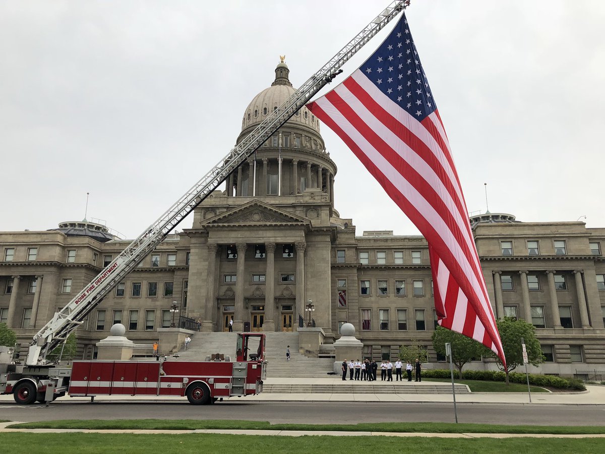 This flag is traveling across the United States. Proud to fly it here in Boise today. #thisisboise #boisefirefighters