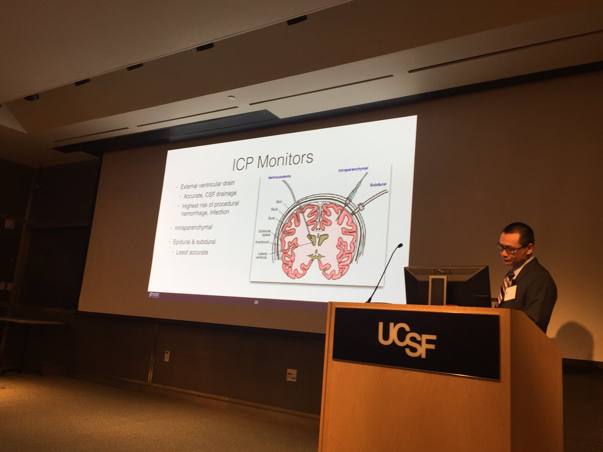 TraumaDocSF's tweet photo. Dr Michael Huang Neurosurgeon @UCSF and #ZSFGH giving an update on the Critical Care Management of Traumatic Brain Injury. @UCSFMedicine @UCSFNeuro. Many ways to help patients with severe head injury. Hyperventilation, Mannitol, cooling, monitoring, #TICS2018 https://t.co/ERJPh6JuHk