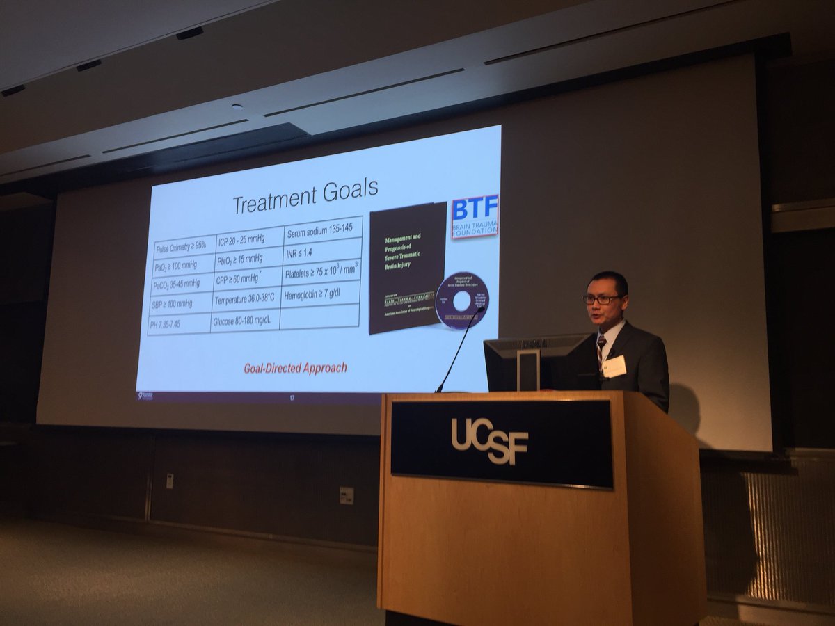 TraumaDocSF's tweet photo. Dr Michael Huang Neurosurgeon @UCSF and #ZSFGH giving an update on the Critical Care Management of Traumatic Brain Injury. @UCSFMedicine @UCSFNeuro. Many ways to help patients with severe head injury. Hyperventilation, Mannitol, cooling, monitoring, #TICS2018 https://t.co/ERJPh6JuHk
