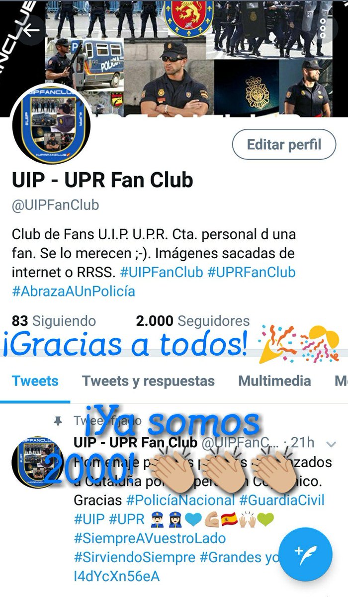 UIPFanClub's tweet photo. Muy agradecida por vuestro apoyo 🙌🏼 Seguiremos animando y apoyando a los miembros de la #UIP y #UPR con todo nuestro cariño y admiración 😘💙👮🏻♂️👮🏻♀️ Ya somos 2000 fans! 🎊🎉💪🏼🔝¡Gracias por seguirnos! 💙 #UIPFanClub #UPRFanClub #UIP #UPR #YaSomos2000 😎 https://t.co/7q5ICX6tMZ