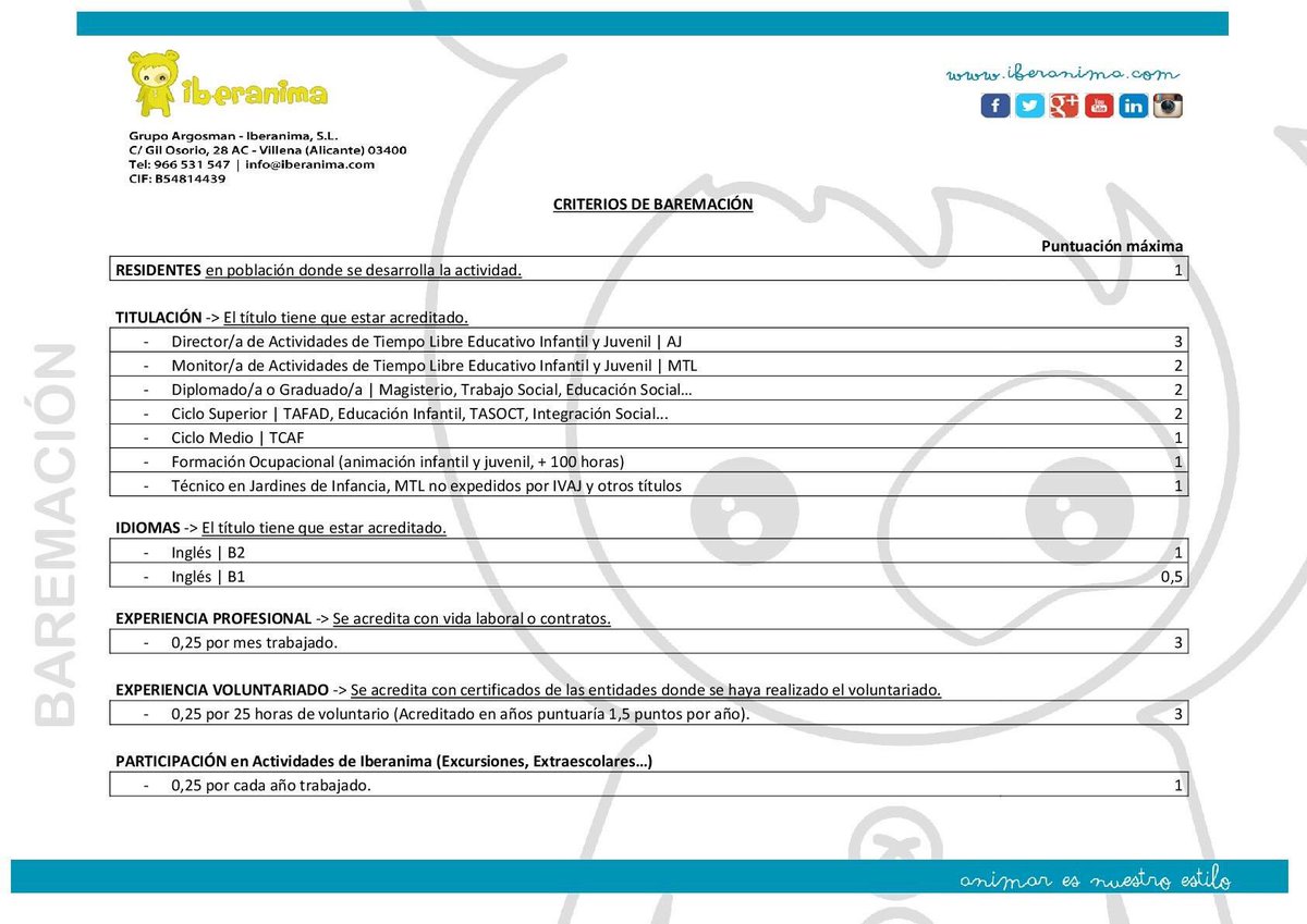¡Llueve!☔ ¿Aprovechamos?✌️

¿Sabes cuáles son los criterios de baremación para la selección de monitorxs de cara a las Escuelas de Verano? ¡Desvelamos nuestro secreto! 👌

Y recuerda: Tienes hasta el 8 de junio para presentar tu CV y documentación en cv.iberanima.com 😀