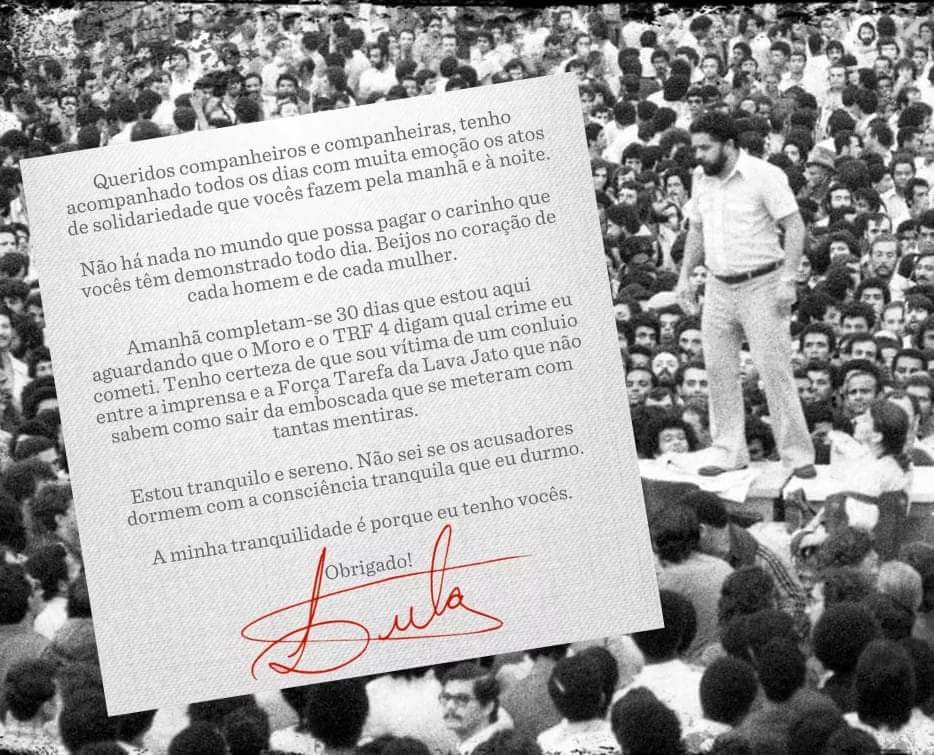 souguereira's tweet photo. "A minha tranquilidade é porque eu tenho vocês." E a nossa esperança, Lula, é porque temos você pra reverter todo o mal que esses golpistas troxeram, fizeram e continuam fazendo com o Brasil e com o povo brasileiro. #LulaLivre https://t.co/UbJRrT8zHB