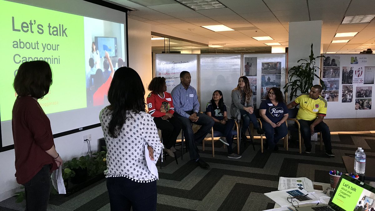 tonylaanan's tweet photo. Career panelists, combined total 65+ years @CapgeminiNA. Troyce Heath, Brian Simmons, @Triptea, Nicole Adamitis, Rosalie Gonzalez, and Jason Collins. Facilitated by Theresa Schlei and Mounica Boggarapa. @lauren_sanne 
#CapgeminiConnectsBurbank
#LifeAtCapgemini
#FunMakesWorkBetter https://t.co/Lrd9bgp7El