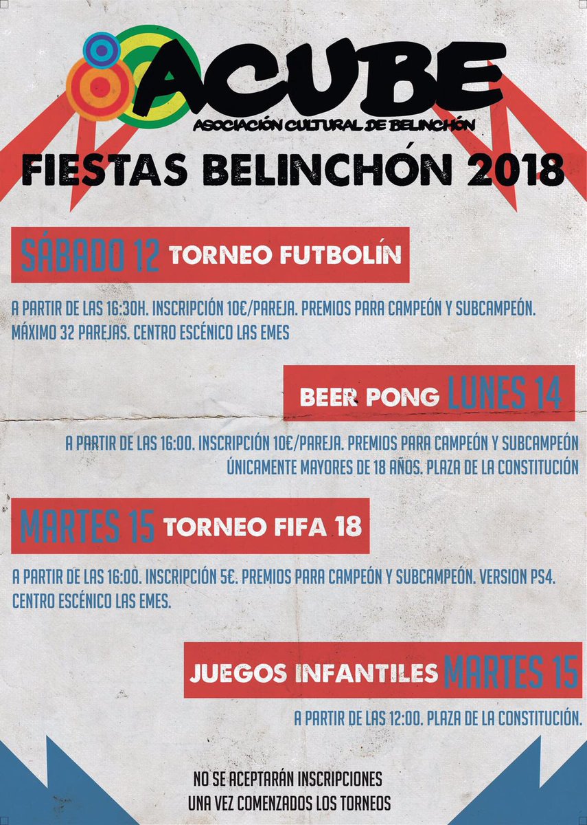 AcubeBelinchon's tweet photo. En una semana comienzan las fiestas de belinchón, os esperamos a todos en nuestros torneos y actividades. Para cualquier duda, contactar con la directiva. https://t.co/gMaxoBNgE3