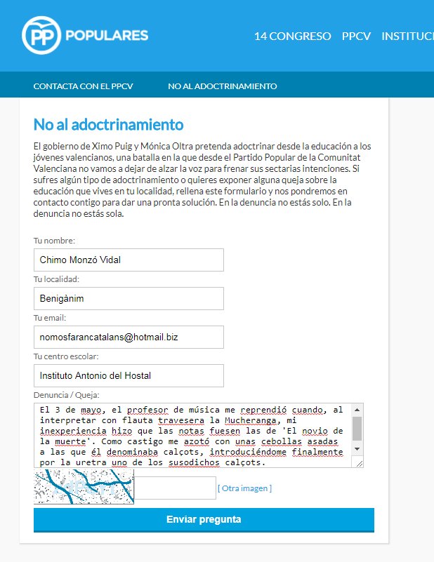 Cumpliendo con mi deber patriótico, presento mi queja al PP levantino. ¡Basta ya de adoctrinamiento!