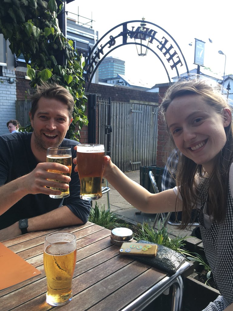 S1Reeves's tweet photo. #mydidae company enjoying a well earned drink @pen_and_wig in sunny cardiff. Awesome week.   Awesome lighthouse lager. @icamarshall @OLTheatreCo @matthewraymondo https://t.co/YWiPNOvT3t