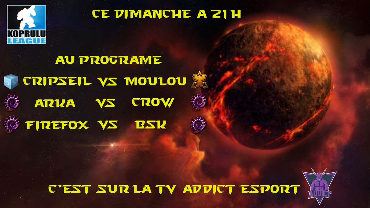 GaritosSc2's tweet photo. Voila ma premier date de cast pour la koprulu sololeague.
Rendez-vous demain 21h.
Au programme :
@CripSeil  VS @levraiMouLou 
@SC2ArKA VS @Sc2Crow 
@FirefoxSc2 VS @bsk_sc2 

Ce serra sur la tv @AddicTeSport 
-> https://t.co/33SSSMnarg https://t.co/GOyQorfRUL