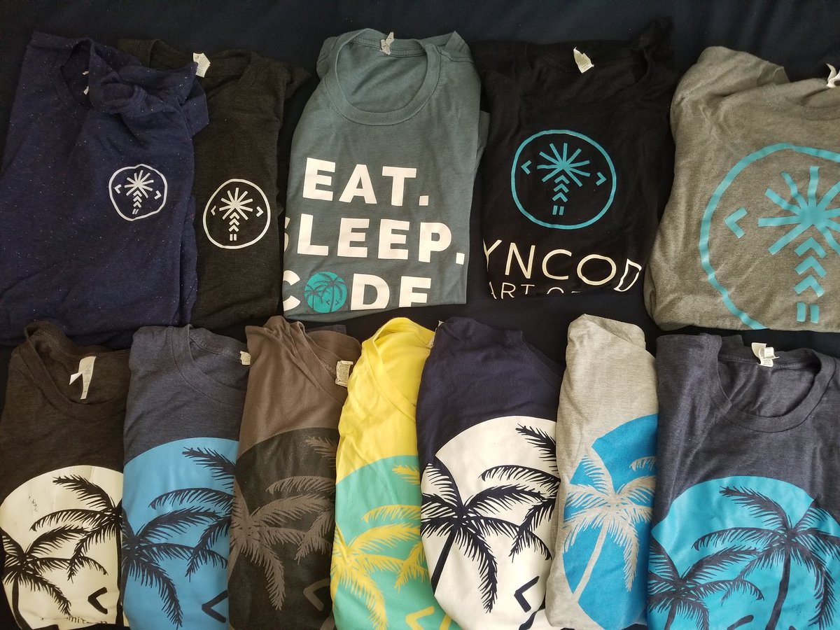 eddroid's tweet photo. Happy 4th Birthday @wyncode #WynStory. These aren't even all the Wyncode tees I have. We've created almost as many tshirt designs as coders. https://t.co/71z5GEPpnb