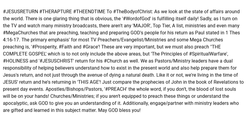 PsSamuelGilmore's tweet photo. #JESUSRETURN #THERAPTURE #THEENDTIME To #TheBodyofChrist: As we look at the state of affairs around the world. There is one glaring thing that is obvious, the '#WordofGod' is fulfilling itself daily! Sadly, as I turn on the TV and watch many ministry.. https://t.co/esjGO32GKe