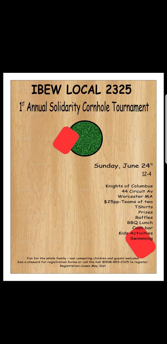 IBEW Local 2325 1st Annual #Solidarity #Cornhole Tournament. Sunday June 24th. Sign up w/Steward or call the hall.