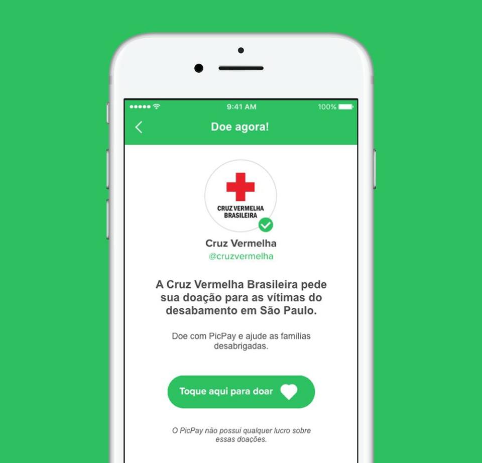 O <a href="/picpay/">PicPay 💚</a> é parceiro da Cruz Vermelha Brasileira e você pode agora ajudar as vítimas do incêndio em São Paulo. Você também pode ajudar centenas de famílias que nesse momento precisam de ajuda. Através do *App PicPay* vocês podem fazer doações para a Cruz Vermelha Brasileira.