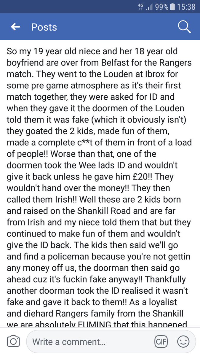 imperialbears's tweet photo. Our attention has been drawn to the following post on Facebook posted by friends from the Shankill. 

We are absolutely disgusted by what we have been told and demand @TheLoudenTavern review CCTV and deal with the doorman in question. 1 https://t.co/z38PoDPkRM