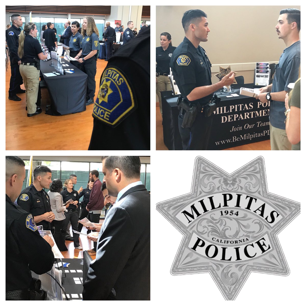 MilpitasPD's tweet photo. The #MilpitasPD #Recruitment #Team is at the Silicon Valley Law Enforcement Job Fair in Palo Alto today. We are on the look out for motivated &amp; qualified individuals to serve our community. Are you ready to #BeMilpitasPD? Go to https://t.co/zQvrNQaP0v for more info. #nowhiring https://t.co/abp5kAkK6i