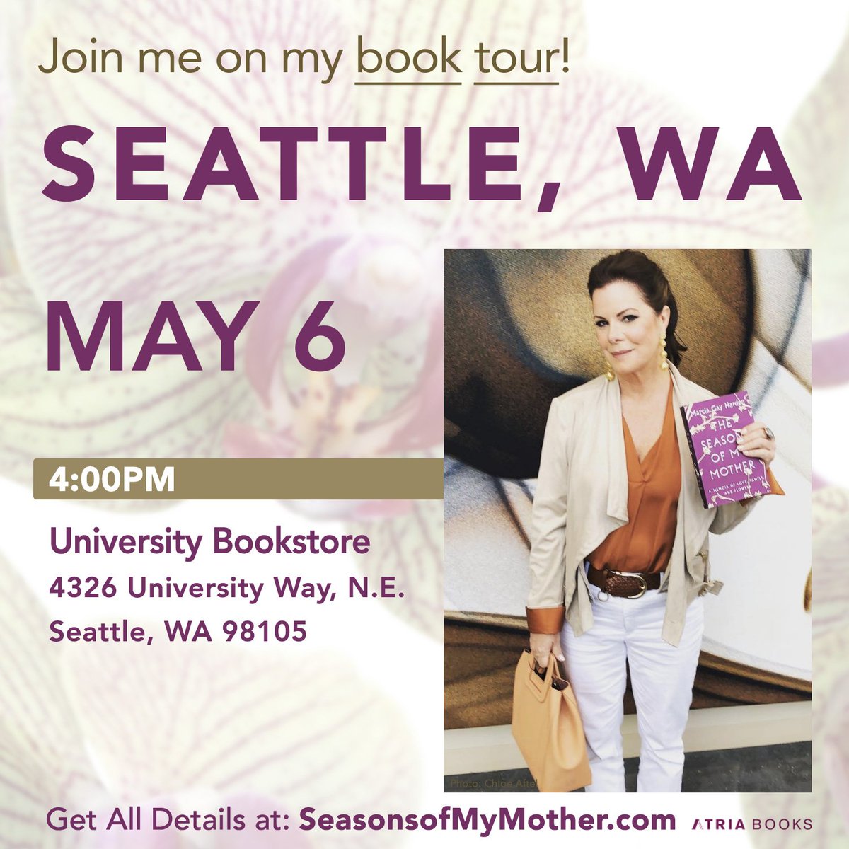 MGH_8's tweet photo. SEATTLE, WA, Sunday, May 6th, I'd love to meet you. 🌺🧡
@ubookstorereads, 4326 University Way NE, Seattle, Washington 98105.
#SeasonsofMyMother #SeasonsofMyMotherBook
@simonschuster @AtriaBooks @SimonAudio https://t.co/wbPEhhAGLo