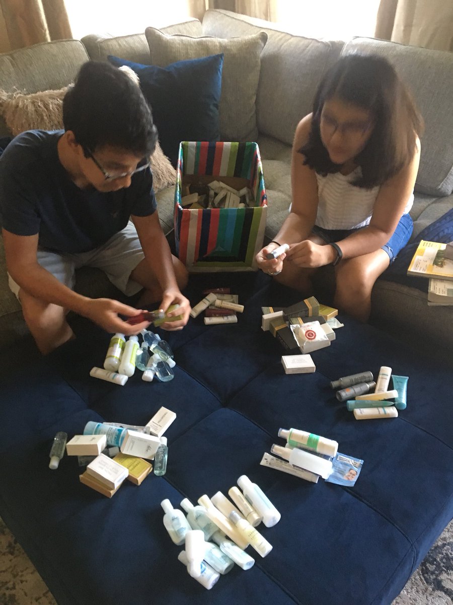FLLIncredibots's tweet photo. We collected unused hotel samples at travel robotics events to donate to #Texas relief efforts. Josh &amp; Bella separated them into categories and will bag them in groups to share with those in need. #notjustrobots #FIRSTLegoLeague @FIRSTweets @JeffCheney @FIRSTinTexas @FIRSTCHAMP https://t.co/cyAp1Wcioi