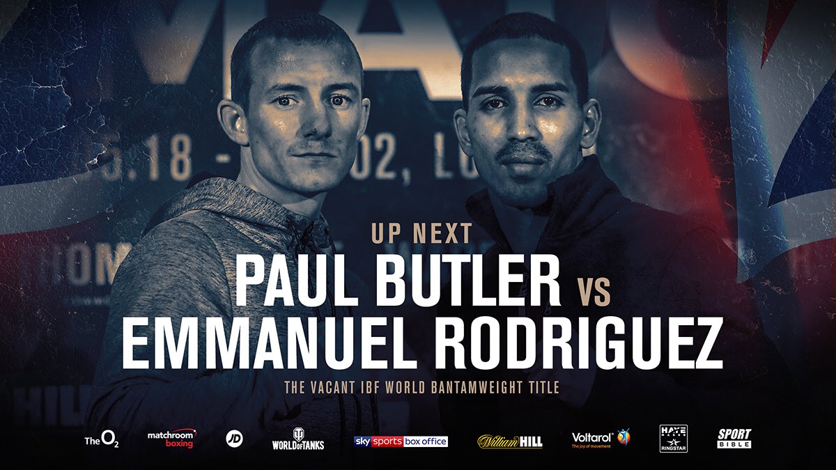 MatchroomBoxing's tweet photo. Up next: The IBF World Bantamweight Title is only on the line for Emmanuel Rodriguez after @1PaulButler failed to make weight yesterday #BellewHaye2 #ButlerRodriguez https://t.co/JY81YxPLGa
