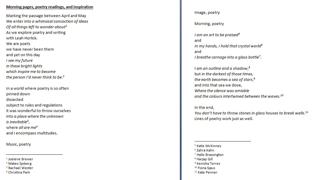 mscsmith3's tweet photo. I was asked to do a write-up for our newsletter of the poetry workshop - what better way than to turn it into a poem with lines from the students' work? Thanks again, @leahhorlick, for evoking such amazing work! @surreyenglishta @LordTweedsmuir #ltswrites #ltslearns #sd36learn https://t.co/IHoYumxaOM
