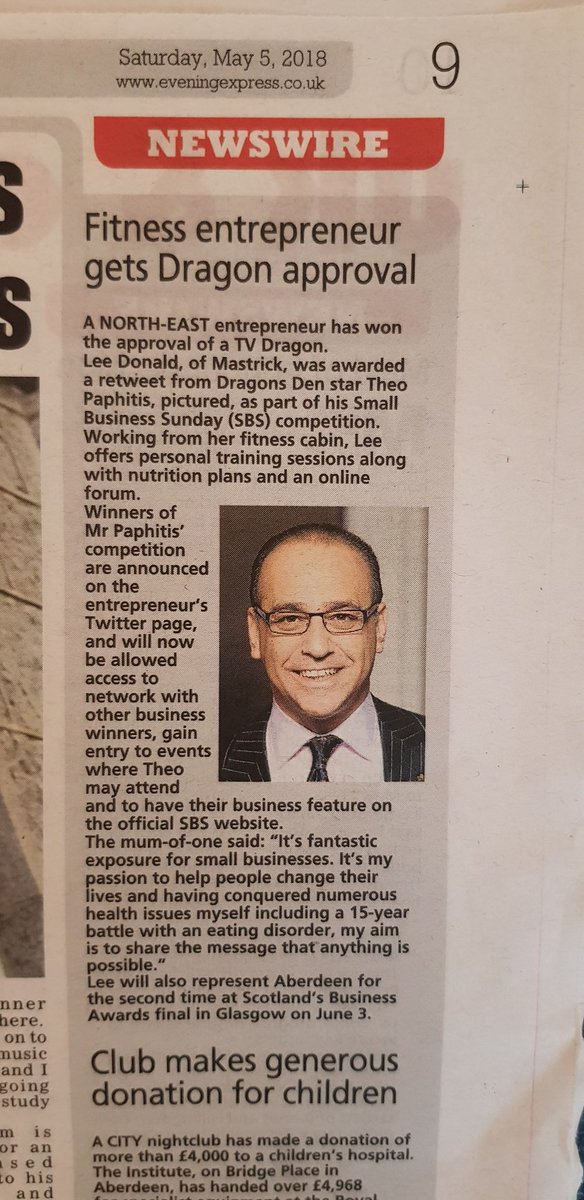 LeeDonaldElite's tweet photo. Just opened the @EveningExpress
Super excited & proud to have made page 9 😀
Thank you @TheoPaphitis
#SBS #LDPT #womeninbusiness #scotlandsbusinessawards #hardworkalwayspaysoff https://t.co/d4MAh7jgw8
