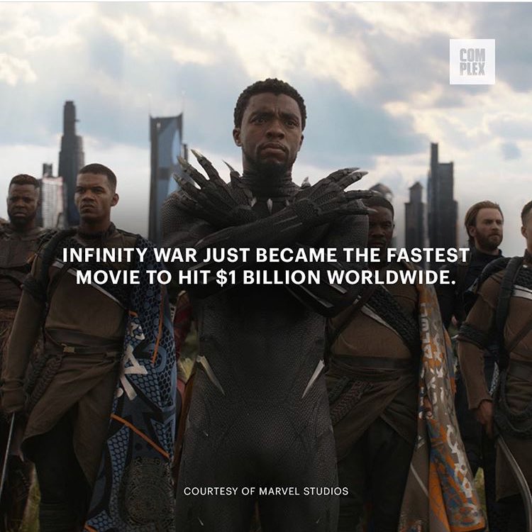 itspeaktvcom's tweet photo. 🍿@Avengers : Infinity War breaks record for quickest movie to hit $1 billion 🙌🏾 Via @complex
•
#repost #avengers #avengersinfinitywar #ironman #theincrediblehulk #blackpanther #spiderman #thor #captainamerica #movies #films #itspeaktv https://t.co/IAB0IHIbyz