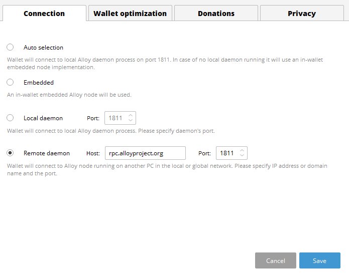 Alloy now has a remote daemon node so you do not need to download the block chain. In the GUI wallet go to settings/preferences and check off the remote daemon.