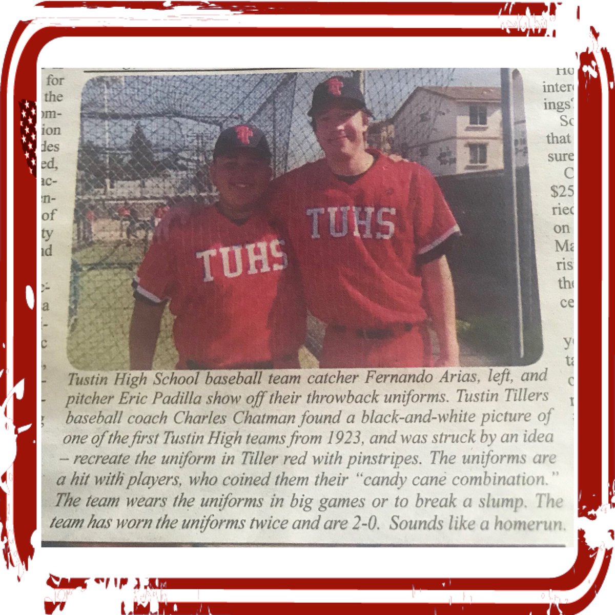 tustinbaseball's tweet photo. ⚾️🔴⚪️⚫️⚾️
.
Tustin Tillers Throw back uniforms featured in Foothill Sentry Paper!
.
#ThrowBackUniform #TUHS #GoTillersBaseball #TillerUp https://t.co/FDokSLPYQI