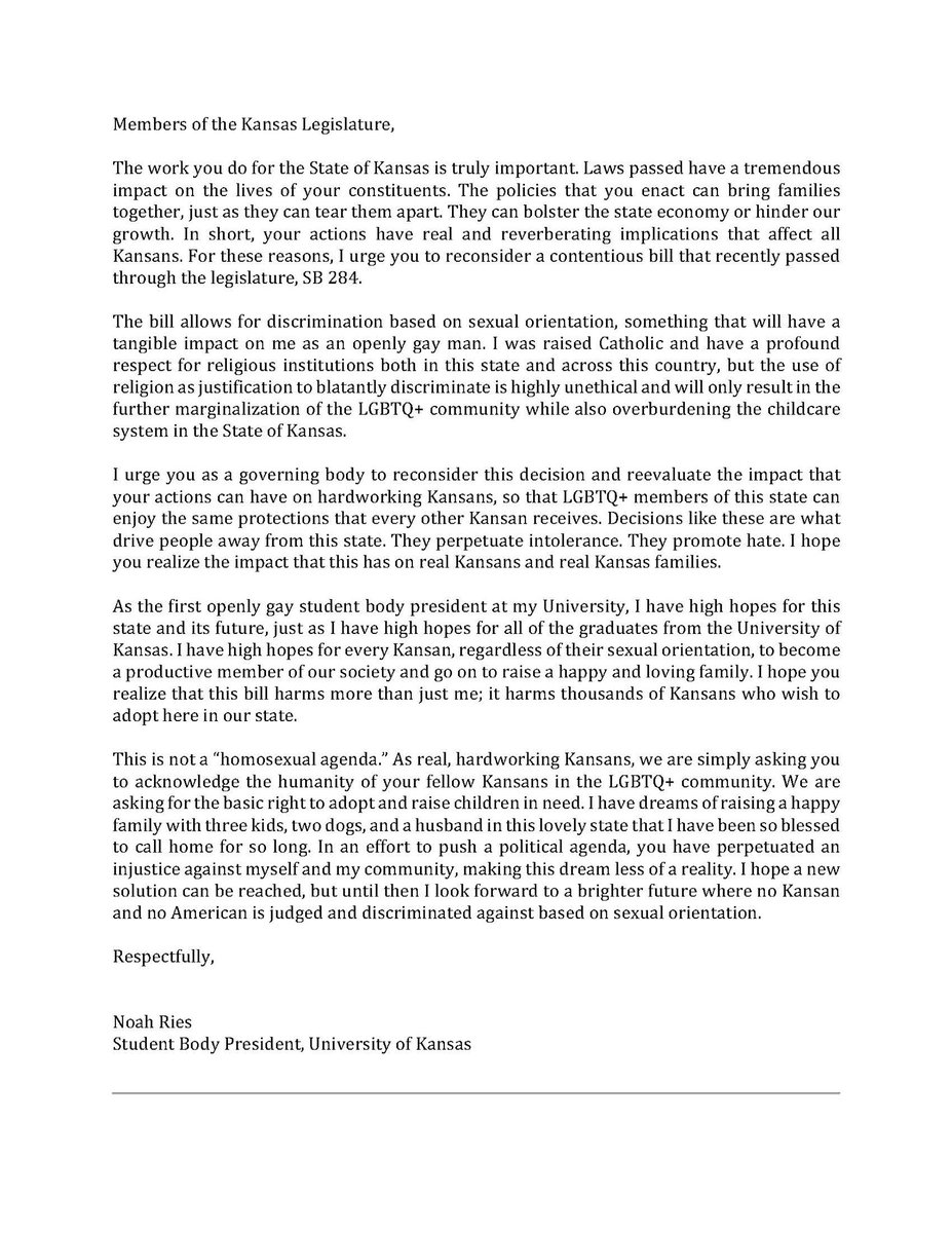 KUPresident's tweet image. “As real, hardworking Kansans, we are simply asking you to acknowledge the humanity of your fellow Kansans in the LGBTQ+ community. We are asking for the basic right to adopt and raise children in need."