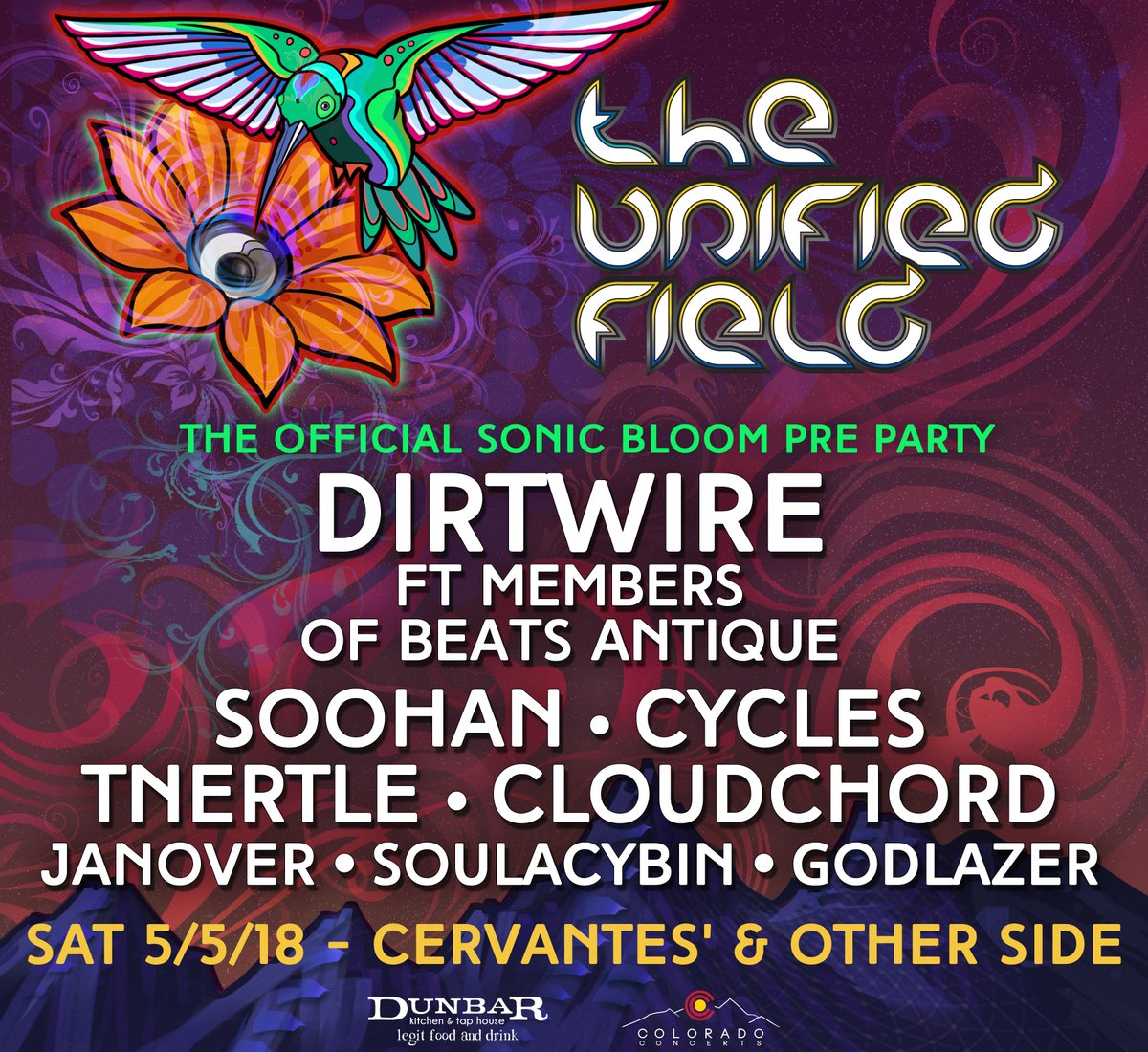 TONIGHT in #DENVER!
#TheUnifiedField pre-party ft. <a href="/dirtwire/">Dirtwire</a> ft. members of <a href="/BeatsAntique/">Beats Antique</a> w/ <a href="/SoohanSoohan/">SOOHAN</a> <a href="/CyclesMusic/">Cycles Band</a> <a href="/TNERTLE/">TNERTLE</a> <a href="/Cloudchord/">Cloudchord</a> <a href="/JamieJanover/">Jamie Janover</a> <a href="/GODLAZER/">GODLAZER</a> + #SilentDisco patio /w <a href="/mikeythunder101/">Mikey Thunder</a> <a href="/NADASOUND/">NADASOUND</a> <a href="/PHloEthik/">The Dougie</a> &amp; others >>> bit.ly/TheUnifiedFiel…