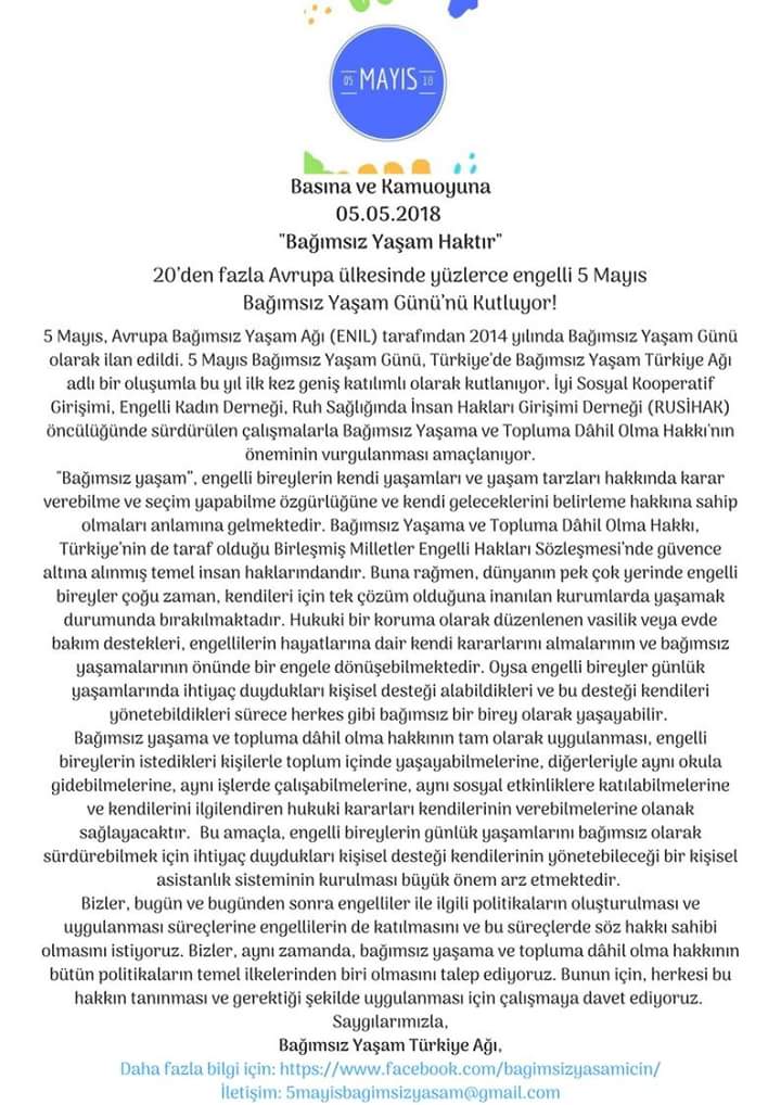 eng_kad's tweet photo. Biz de 5 Mayıs Bağımsız Yaşam Günü'nü kutluyoruz! Basın bildirimize https://t.co/vIf47sT2AN linkinden de ulaşabilirsiniz. Bağımsız Yaşam haktır! #bagimsizyasam #ILday18 https://t.co/7qmNsIJ7iK