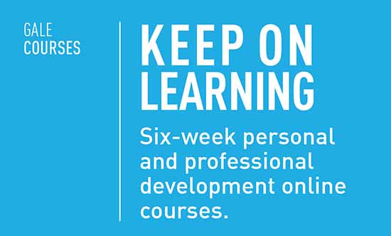 web banner blue background with the text, gale courses keep on learning