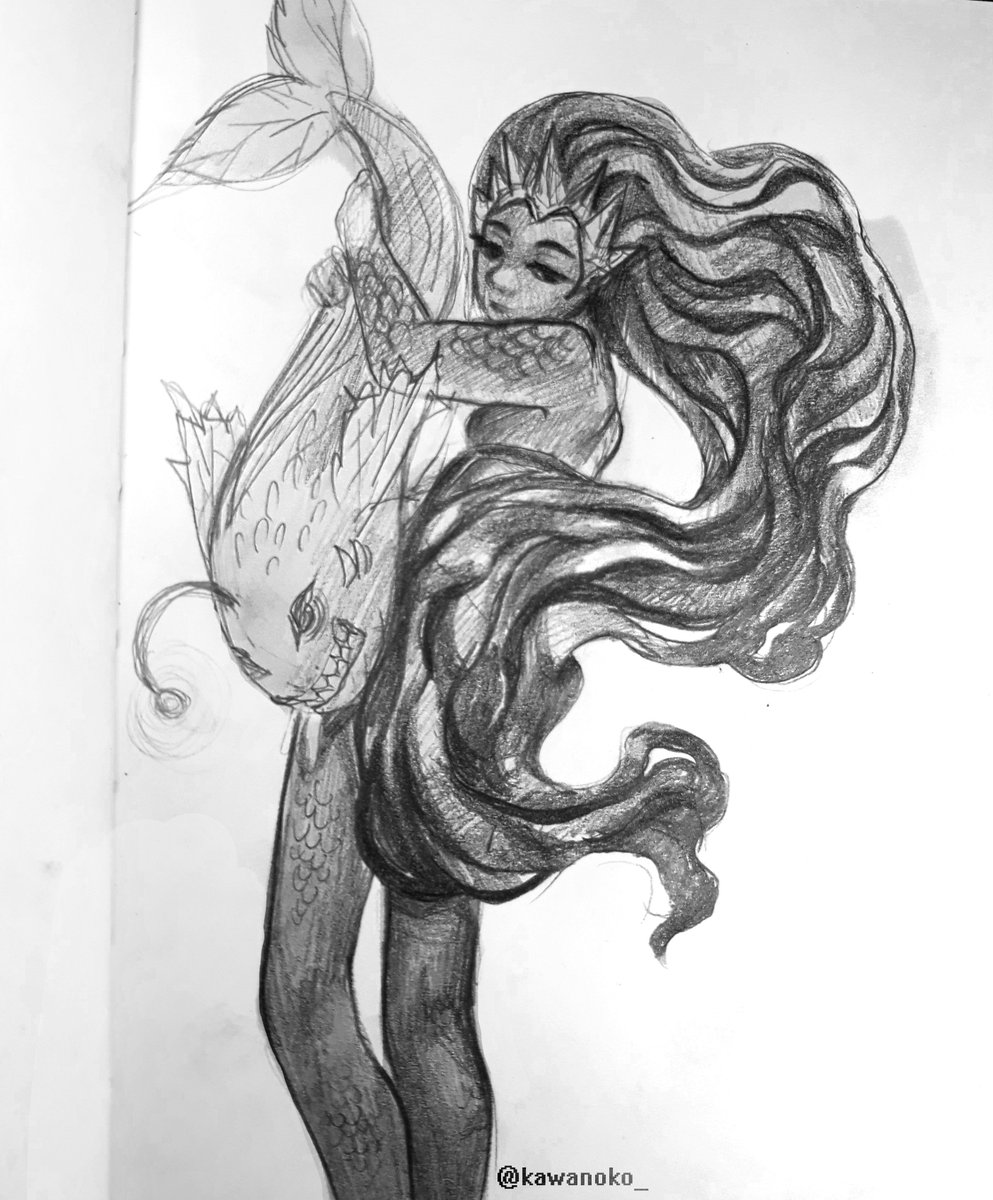 kawanoko_'s tweet photo. #mermay day 05
mermaid queen - Nephyria and her pet fish - Karakos.
she is my original original character and can change her tale to human legs at will. but she still has fish like skin.
(later, i will draw her with tail as well)
#mermay2018 #mermaid #withlegs #art #pencil https://t.co/emBYTxUOJ1