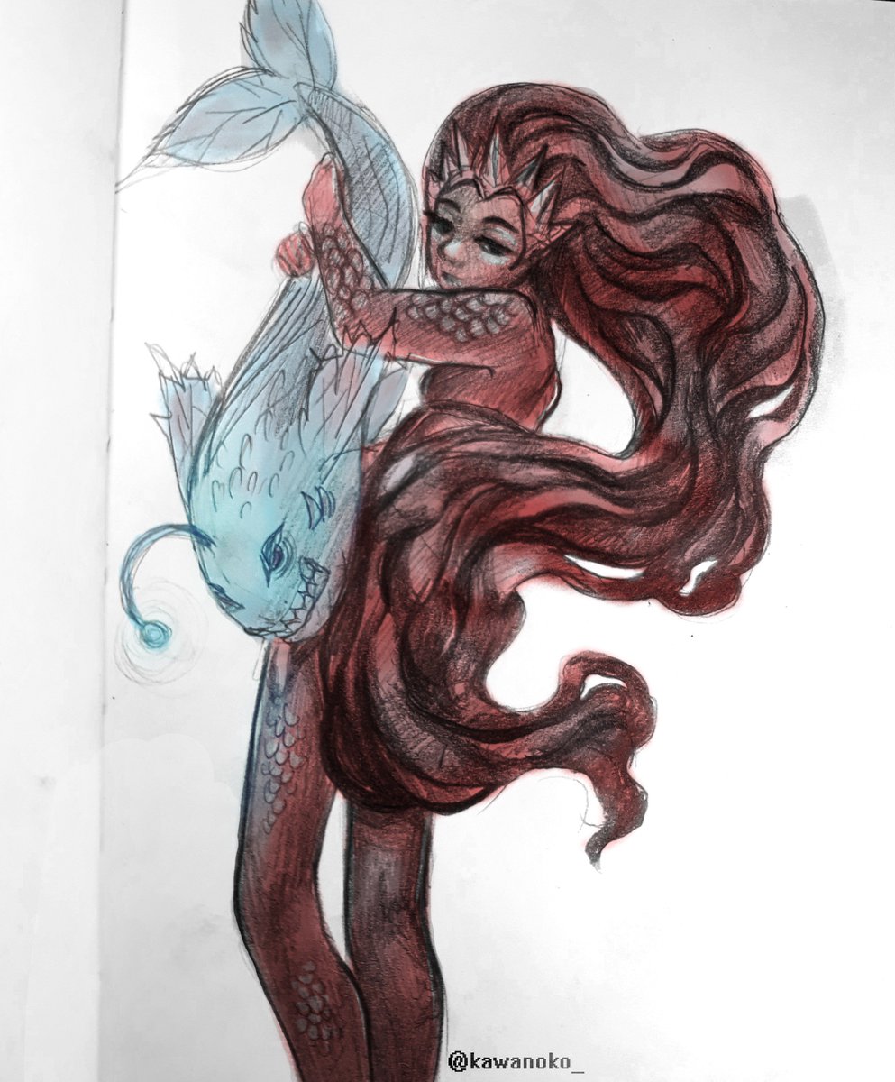 kawanoko_'s tweet photo. #mermay day 05
mermaid queen - Nephyria and her pet fish - Karakos.
she is my original original character and can change her tale to human legs at will. but she still has fish like skin.
(later, i will draw her with tail as well)
#mermay2018 #mermaid #withlegs #art #pencil https://t.co/emBYTxUOJ1
