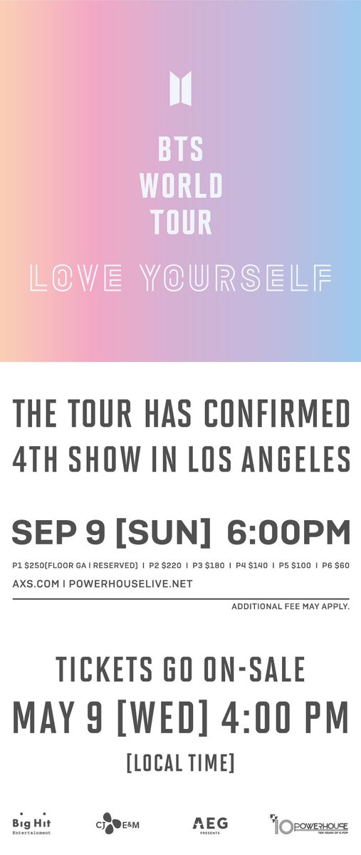 Due to overwhelming demand @BTS_twt has announced a 4th STAPLES Center show on Sept. 9th. Tickets go on sale Wed. May 9 at 4pm (local) at @AXS. #BTSLOVEYOURSELF #BTSARMY #BTSWORLDTOUR