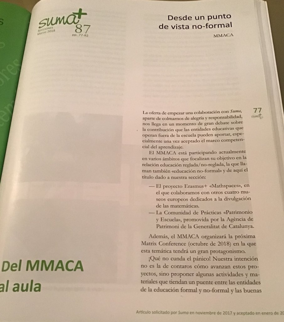 MMACA_cat's tweet photo. “Desde un punto de vista no-formal” article de @Guidoramellini al núm 87 de la revista @suma_fespm a la nova secció de la revista: “Del MMACA al aula”
“educació no-formal” present a projecte #mathspaces i que tindrà un gran protagonisme a la @Matrix3rd Conference a l’octubre https://t.co/HrtU5paGhh