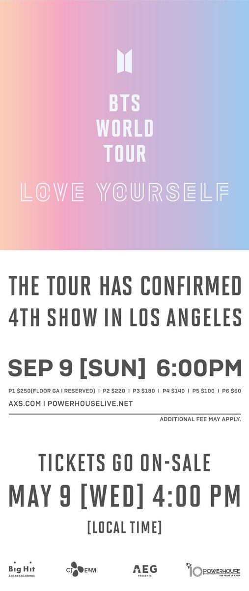 Due to overwhelming demand @BTS_twt has announced a 4th @STAPLESCenter show on Sept. 9th.  Tickets go on sale Wed. May 9 at 4pm (local) at @AXS. a.axs.com/kYlhvB 
#BTSLOVEYOURSELF
#BTSARMY
#BTSWORLDTOUR