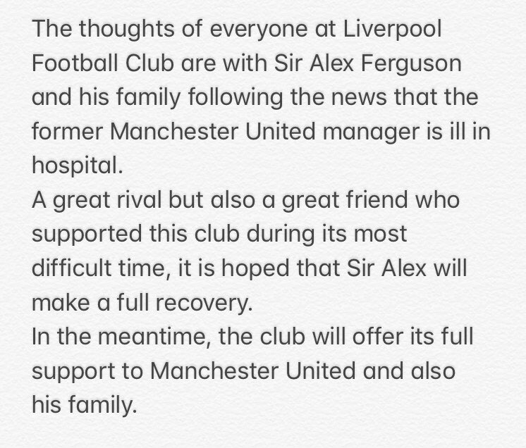bbcmerseysport's tweet photo. #LFC have released a statement after Sir Alex Ferguson undergoes surgery following a brain haemorrhage #MUFC https://t.co/Wc62XN4EIg