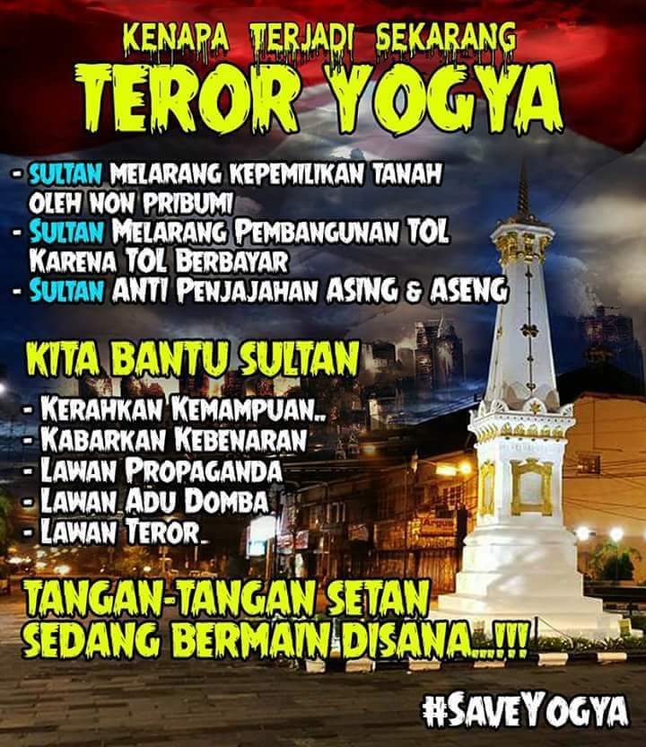 Keistimewaan yg dimiliki DIY...

-Non pribumi dlrang mmiliki tanah
-Tol dilarng di DIY krn berbyar
-Anti Penjajah Asing &amp; Aseng

Mari kita berDoa untk DIY yg lg di rongrong..KEISTIMEWAANNYA &amp; Smga Sultan senantiasa ada dlm prlindungn.
