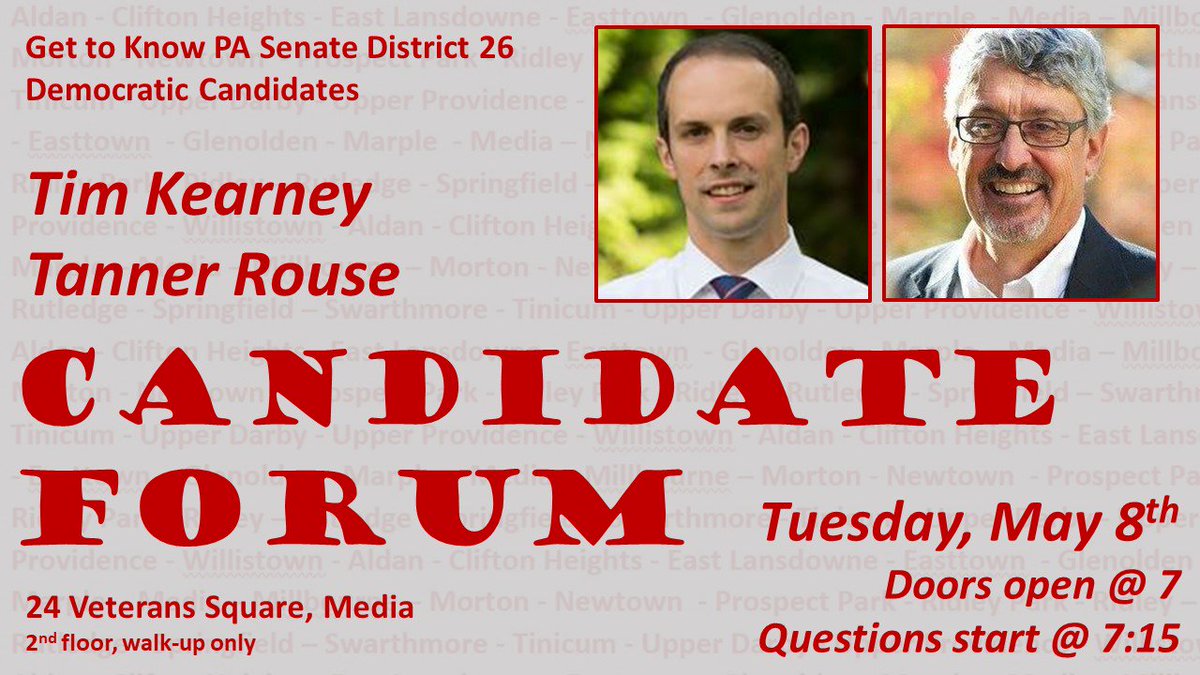RouseForPA's tweet photo. I'll be at the Media Candidate's Forum this Tuesday at 7! Come hear about the race and what I'll do to support progressive causes in Harrisburg and beyond. I look forward to seeing you there! #FlipThe26th #RouseforPA https://t.co/nOQaD8I0nA