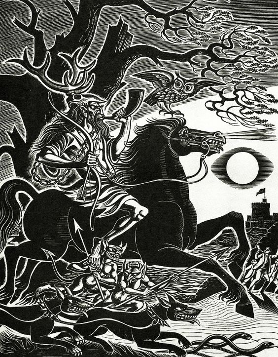 JoelMerriner's tweet photo. More terror from Folklore Myths and Legends of Britain - Windsor's Phantom Huntsman by Eric Fraser. Beware the "great ragg'd horns"! #ericfraser #folklore #illustration https://t.co/9wtpn63d9L
